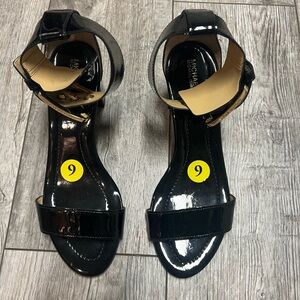 New Michael Kors Black Patent Ankle-Strap Sandals with Gold Buckle, never worn